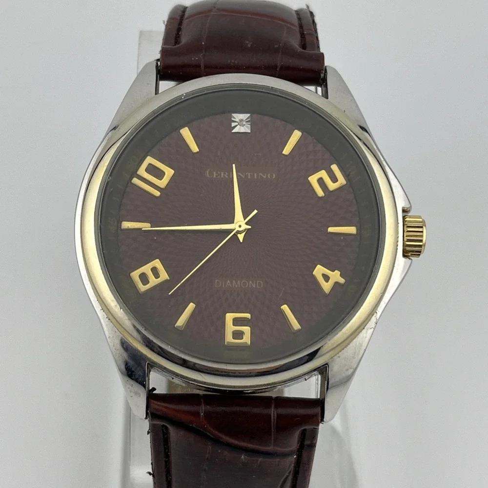 Cerentino Diamond Accent Watch Men 42mm Silver Case Brown Band- New‎ Battery